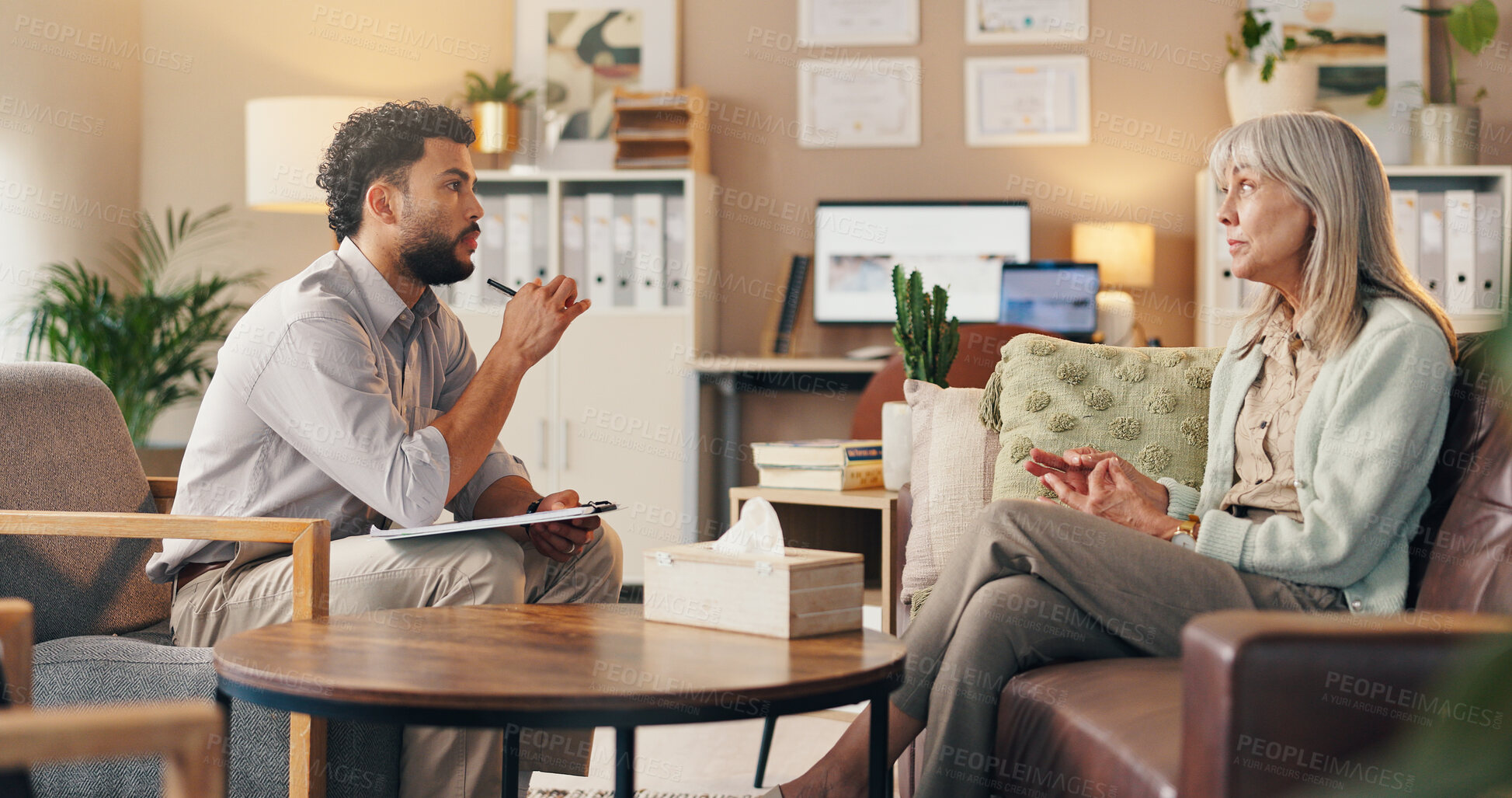 Buy stock photo Senior woman, therapist and clipboard for counseling, mental health and past trauma. Elderly person, talking and therapy session with emotional support, evaluation checklist and rehabilitation advice