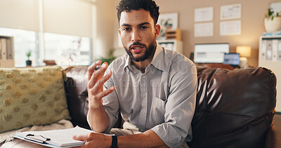 Buy stock photo Therapist, portrait and man with video call, mental health and online consultation for help. Person, counselling or professional in office, virtual meeting or notes for feedback session or telehealth