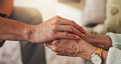 Buy stock photo Therapist, patient and holding hands in clinic with empathy, consultation and compassion for grief. Psychologist, person and support in appointment with trust, counseling help and sympathy for loss.