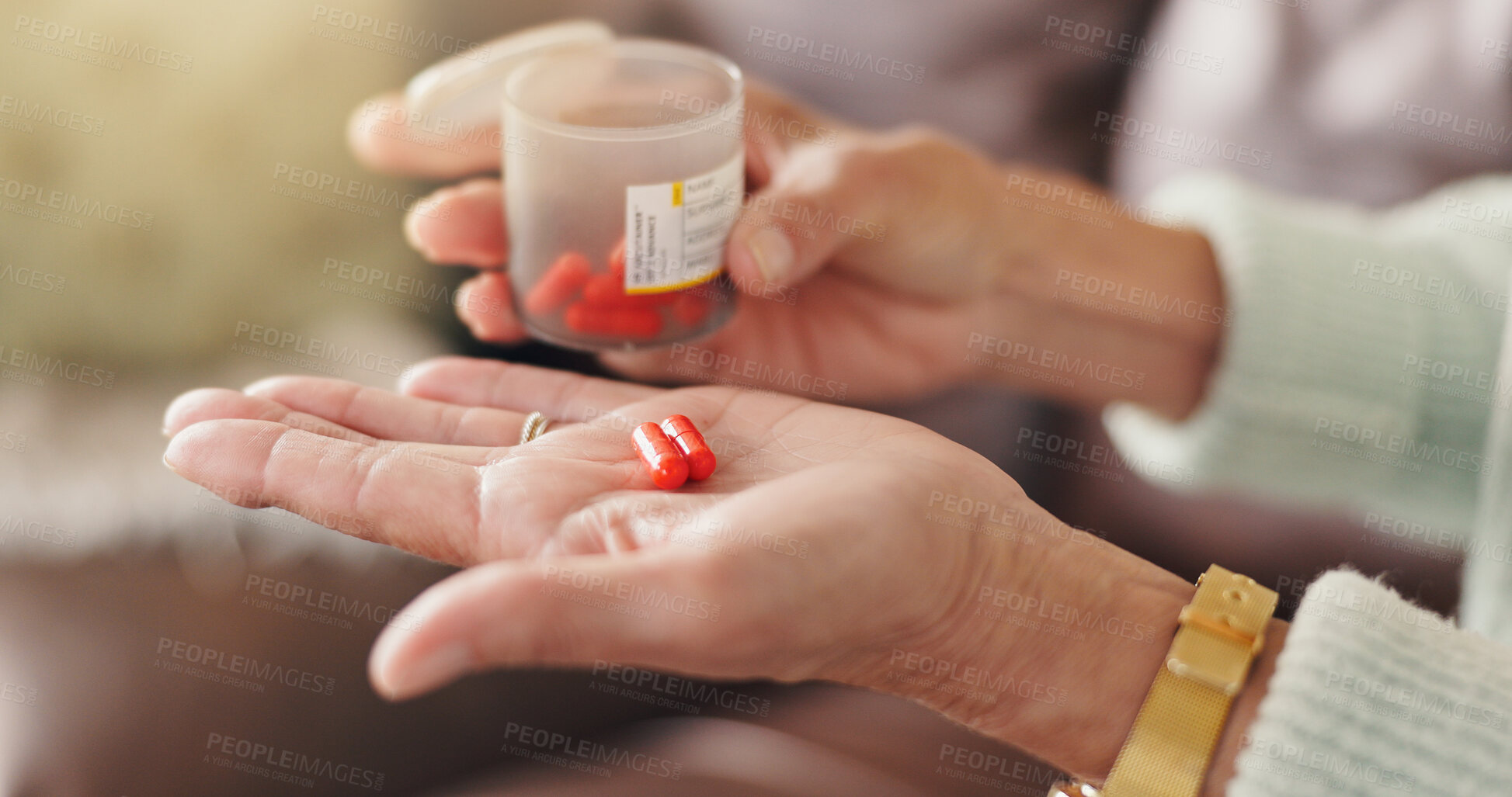 Buy stock photo Hands, medication and woman with pills in home for pharmaceutical treatment of sickness. Medicine, flu and female person in house with box of tablets, vitamins or medical prescription for illness.