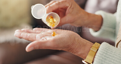 Buy stock photo Hands, medicine and woman with pills in home for pharmaceutical treatment for wellness. Medication, health and person in house with oil capsules, vitamins or medical prescription for immune support.