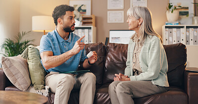 Buy stock photo Consultation, old woman and doctor in office, pills for healthcare and recovery with healing. Senior person, man and physician in clinic, medical service and discussion with tablets in retirement