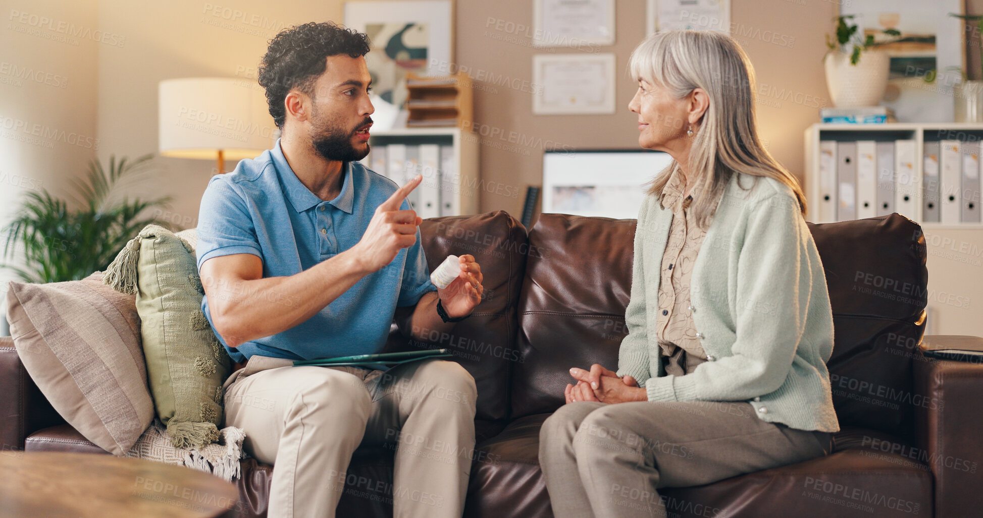 Buy stock photo Consultation, old woman and doctor in office, pills for healthcare and recovery with healing. Senior person, man and physician in clinic, medical service and discussion with tablets in retirement