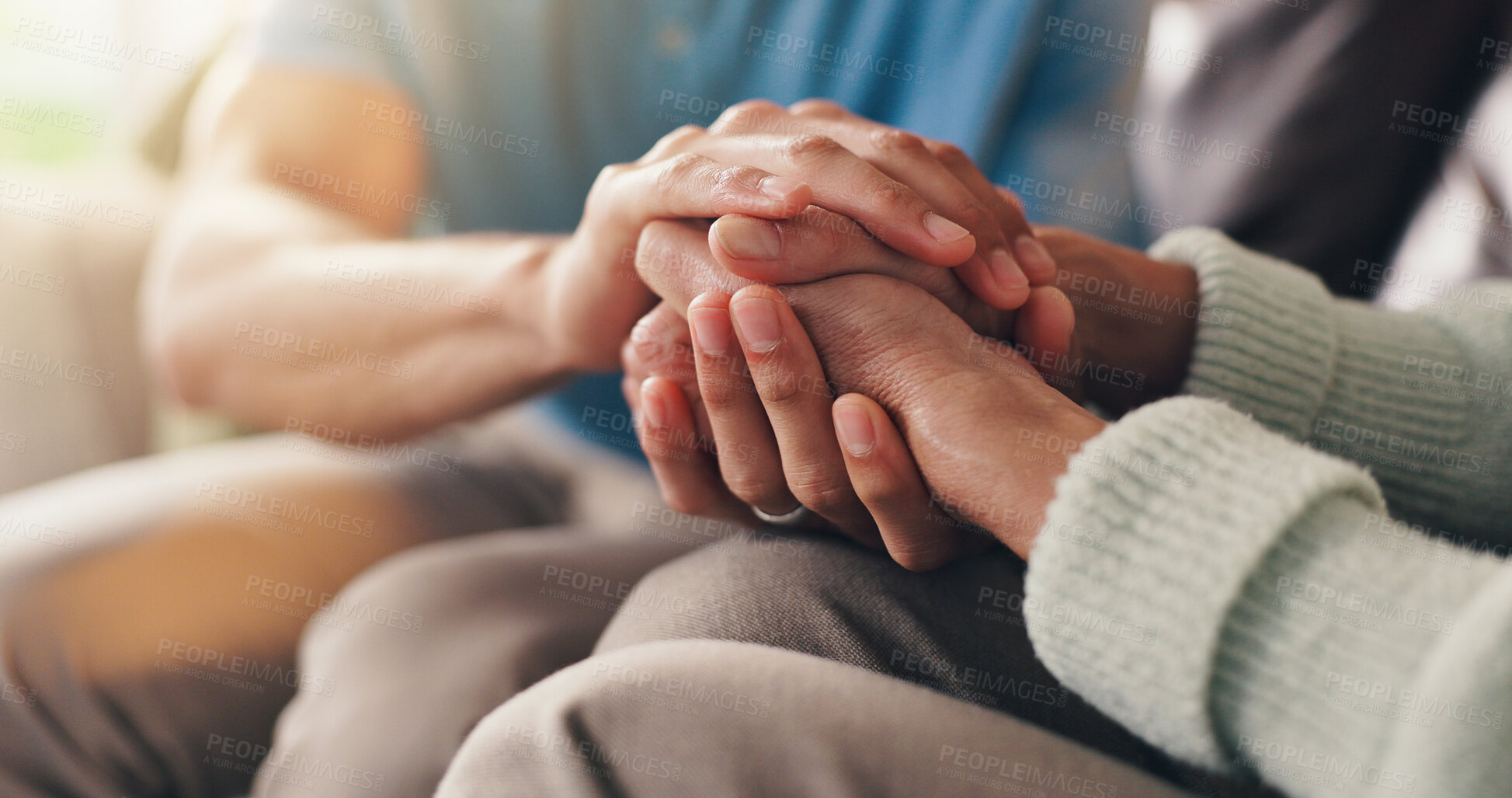 Buy stock photo Psychologist, patient and holding hands in clinic with support, consultation and compassion for grief. Therapist, person and empathy in appointment with trust, counseling help and sympathy for loss.