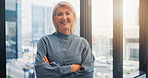 Portrait, smile and business woman with arms folded for career experience, about us or investor. Confidence, mature executive and happy person in company as finance manager with job opportunity in Uk