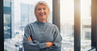 Buy stock photo Portrait, smile and business woman with arms folded for career experience, about us or investor. Confidence, mature executive and happy person in company as finance manager with job opportunity in Uk