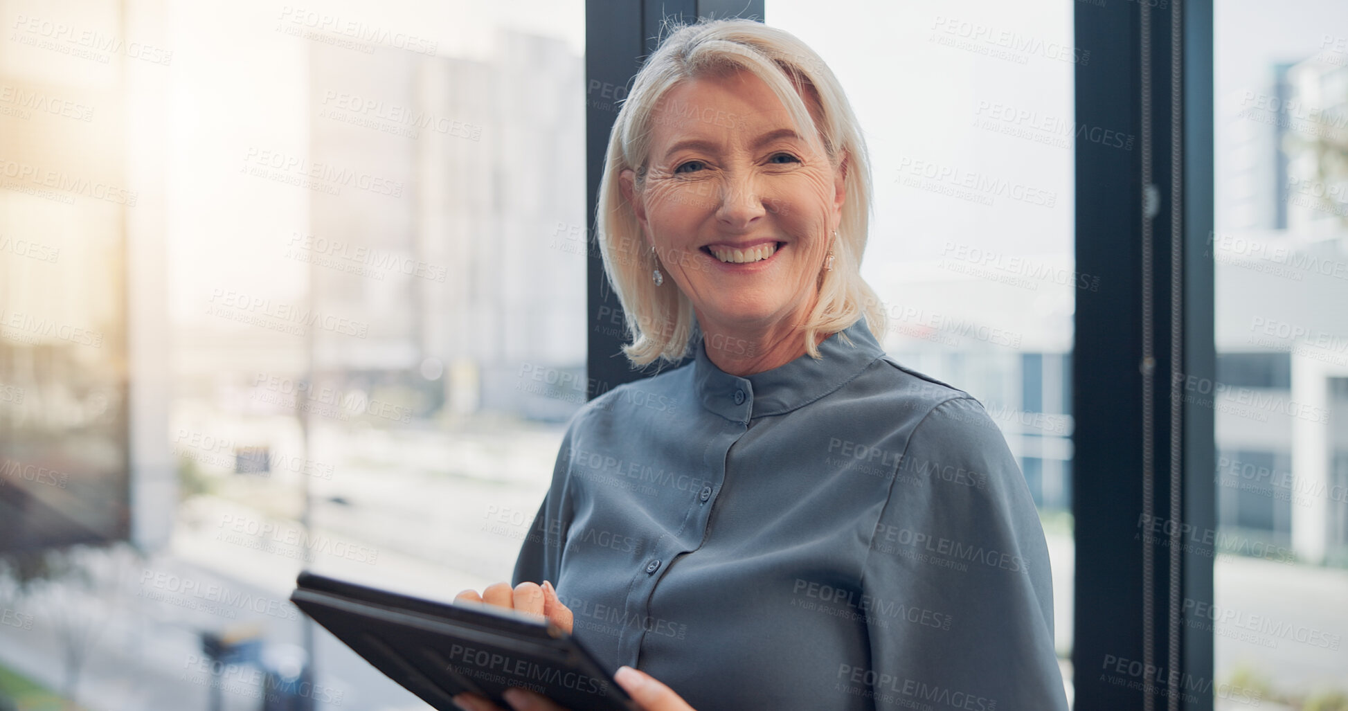 Buy stock photo Design, portrait and tablet with business woman in city workplace for agenda, planning or research. App, schedule and smile of mature designer in office for digital report, management or review