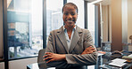 Portrait, business and black woman with arms folded in office for career, investment or smile. Confident, employee or person in enterprise as wealth consultant, about us or finance with corporate job