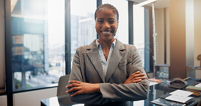 Buy stock photo Portrait, business and black woman with arms folded in office for career, investment or smile. Confident, employee or person in enterprise as wealth consultant, about us or finance with corporate job