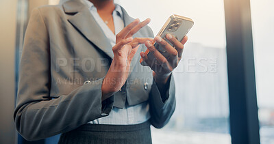 Buy stock photo Hands, business and woman in office, smartphone and email for investment deal, internet and typing. Person, communication and financial advisor in workplace, cellphone and app for trading portfolio