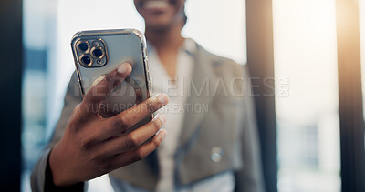 Buy stock photo Hands, business and woman in office, cellphone and email for investment deal, internet and texting. Person, connection and financial advisor in workplace, smartphone and app for trading portfolio