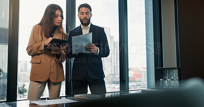 Buy stock photo Tablet, documents and business people in meeting, discussion to check stats and investor. Talking, man and woman in office, review profit or info for revenue or financial report for stock market