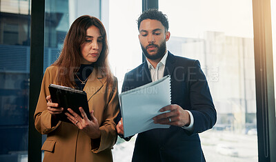 Buy stock photo Tablet, documents and business people in office, conversation to check profit and investor. Talking, man and woman in workplace, meeting or info for revenue stats or financial report for stock market