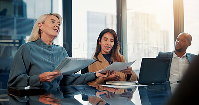 Buy stock photo Business people, discussion and meeting in office with documents, laptop and proposal for investment. Team, paperwork and conversation in workplace with computer, capital funding opportunity or idea.
