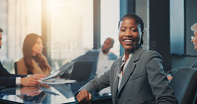 Buy stock photo About us, laugh and business woman in meeting for financial career, portrait or smile in company. Employee, corporate auditor and happy person in office for investment, enterprise or funny accountant