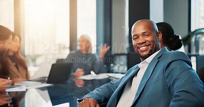 Buy stock photo Portrait, about us and business man in meeting for finance career, accounting and smile in office. Confidence, auditor and happy person in corporate company for investment, bookkeeping and coworking