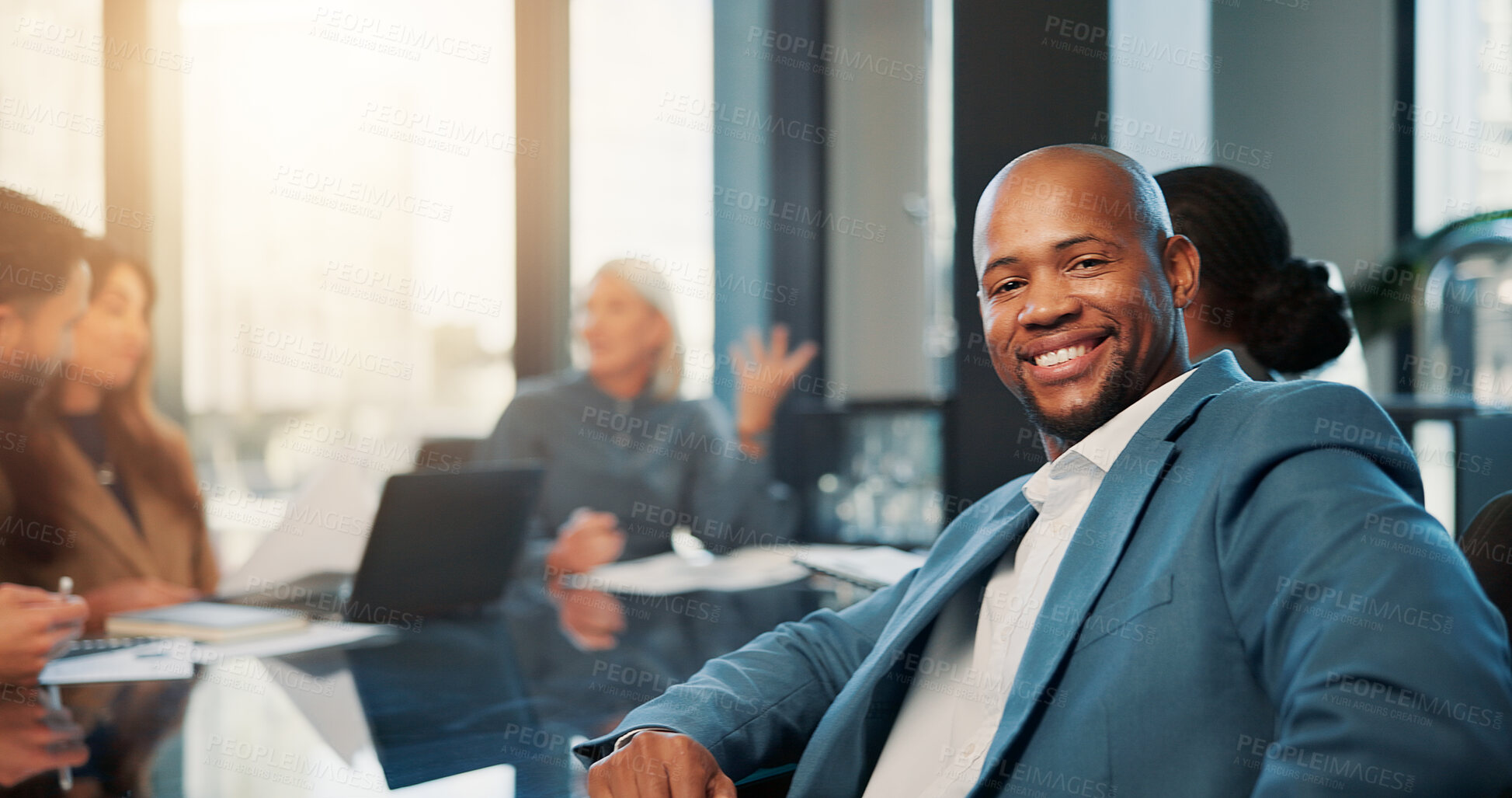 Buy stock photo Portrait, about us and business man in meeting for finance career, accounting and smile in office. Confidence, auditor and happy person in corporate company for investment, bookkeeping and coworking