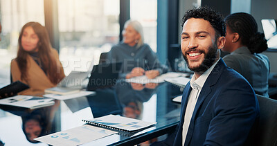 Buy stock photo Portrait, finance and business man in meeting for career, about us and stock market data in office. Confidence, analyst and happy person in company, coworking and trading with investment chart