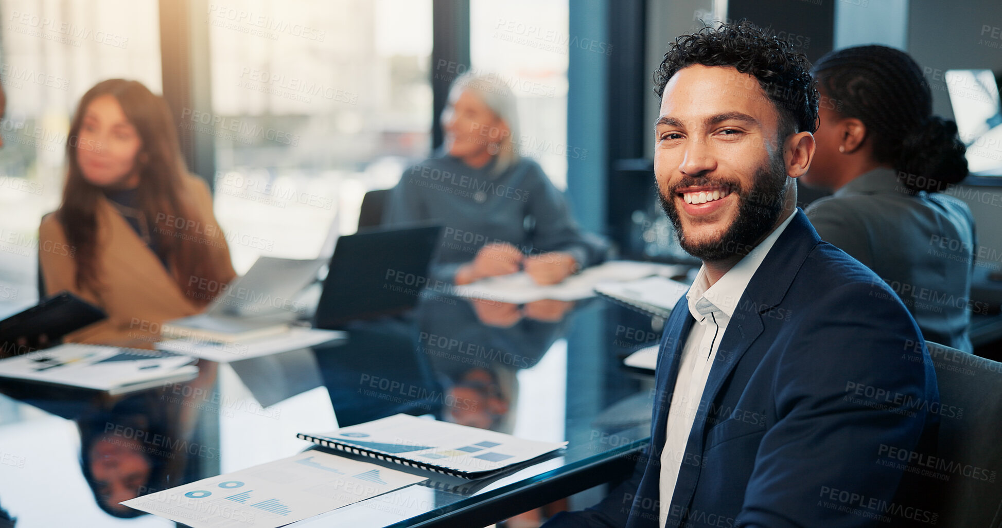 Buy stock photo Portrait, finance and business man in meeting for career, about us and stock market data in office. Confidence, analyst and happy person in company, coworking and trading with investment chart