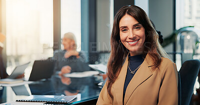 Buy stock photo Portrait, smile and business woman in meeting for career experience, about us or investor. Confidence, mature executive and happy person in company, coworking and finance manager with pride in office