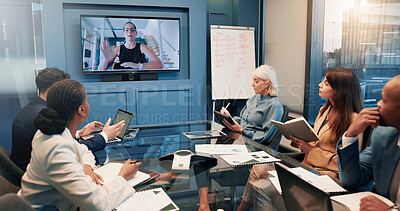 Buy stock photo Finance, meeting and video call with business people in boardroom for investment or risk management. Collaboration, report and virtual workshop with employee team in financial workplace for feedback