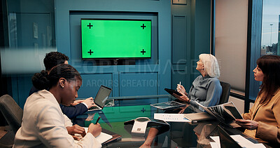 Buy stock photo Green screen, meeting and people in boardroom, conversation and presentation for profit growth. Employees, mockup space and investor in office, teamwork and monitor for financial webinar or listening
