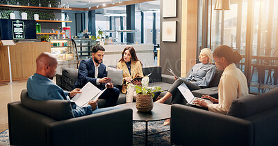 Buy stock photo Finance, report and talking with business people in lobby for investment or portfolio management. Collaboration, conversation and meeting with employee group in lounge of financial workplace