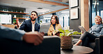Finance, meeting and report with business people in lobby for investment or portfolio management. Collaboration, conversation and feedback with employee group in lounge of financial workplace