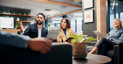 Buy stock photo Finance, meeting and report with business people in lobby for investment or portfolio management. Collaboration, conversation and feedback with employee group in lounge of financial workplace