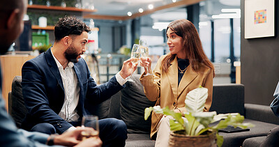 Buy stock photo Happy, business people and cheers with champagne for congratulations or celebration in work lounge. Businessman, woman or smile with alcohol glass for team toast, success or partnership in workplace