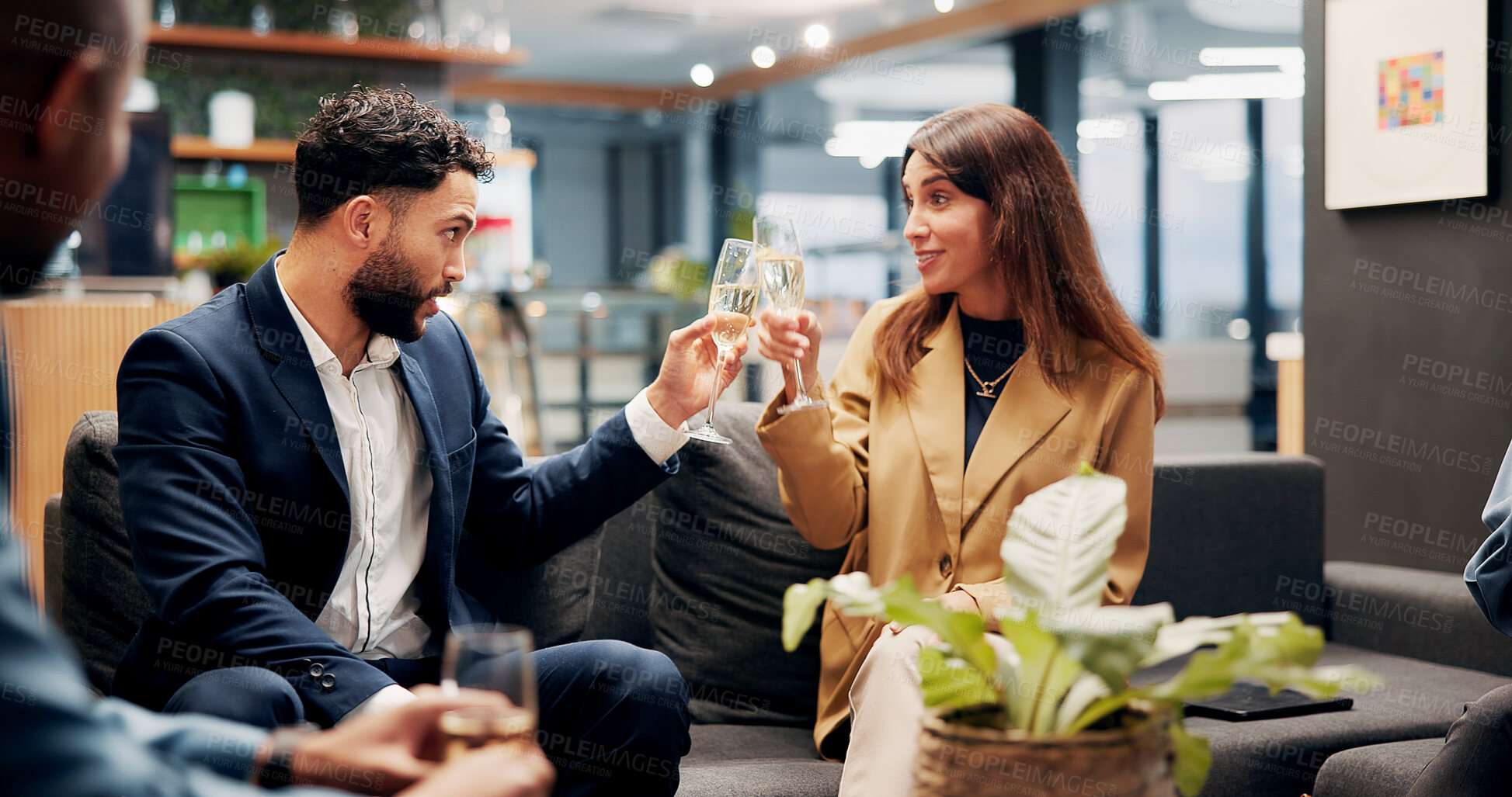 Buy stock photo Happy, business people and cheers with champagne for congratulations or celebration in work lounge. Businessman, woman or smile with alcohol glass for team toast, success or partnership in workplace