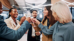 Happy, business people and cheers with champagne for celebration, social gathering or event. Excited, group or employees with smile, glasses or alcohol for toast, success or party together in office