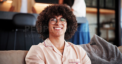 Buy stock photo Happy, portrait and man with glasses, home and confident on break in lounge, resting and comfortable. Living room, chilling and person with smile on weekend, peace and calm on couch or relax in house