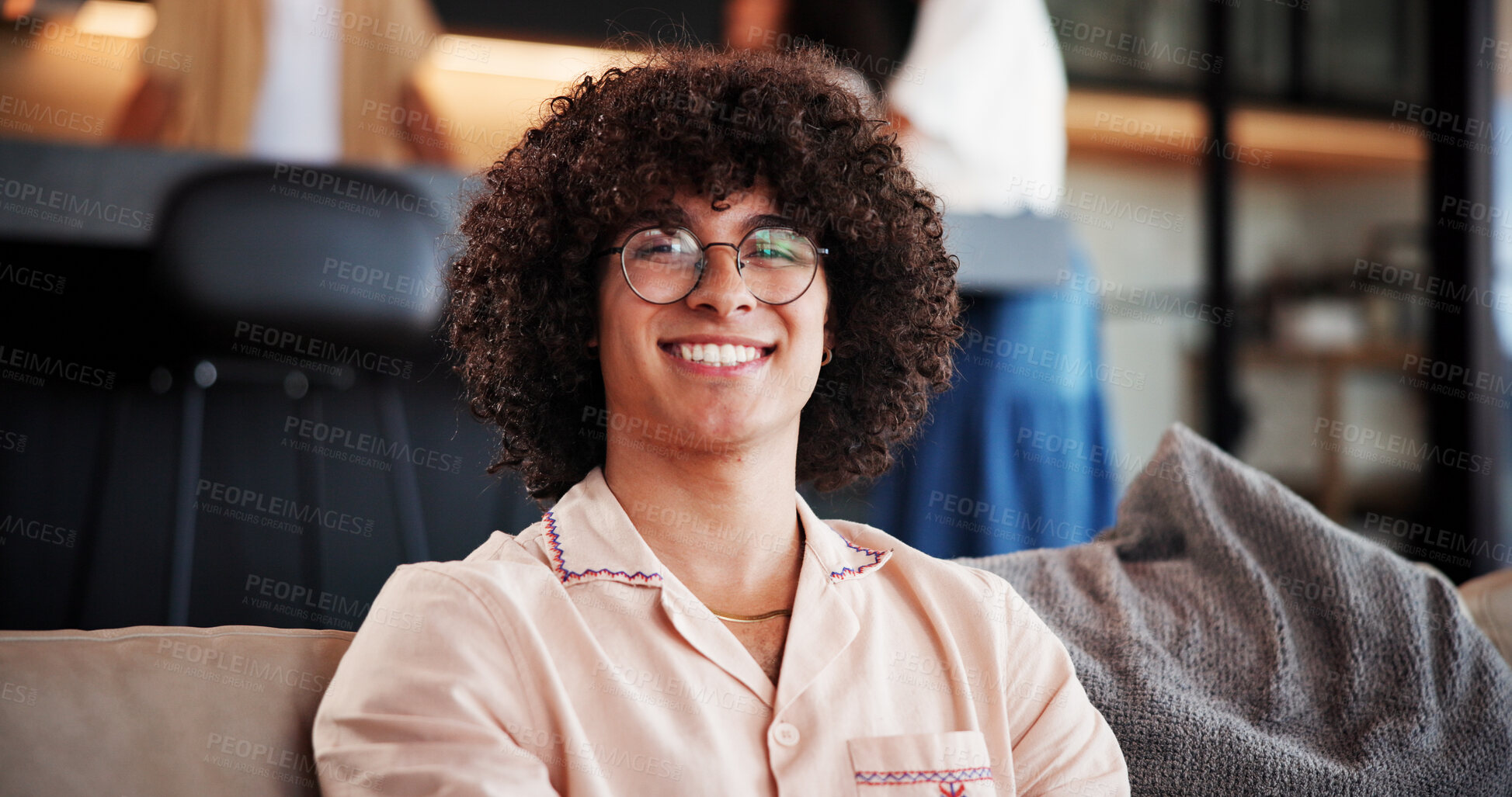 Buy stock photo Happy, portrait and man with glasses, home and confident on break in lounge, resting and comfortable. Living room, chilling and person with smile on weekend, peace and calm on couch or relax in house