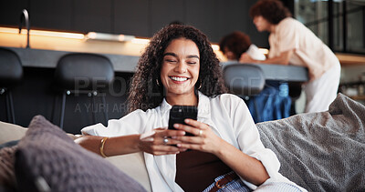 Buy stock photo Cellphone, relax and woman on sofa in home with networking, communication or social media online. Happy, phone and female person reading blog with celebrity gossip on mobile app in living room.
