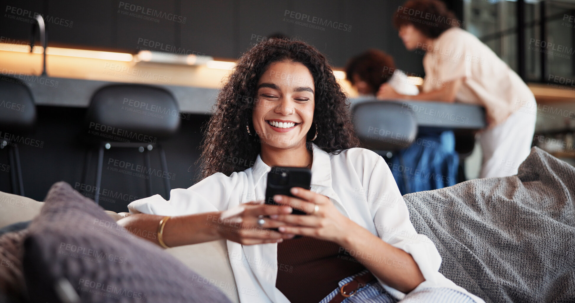 Buy stock photo Cellphone, relax and woman on sofa in home with networking, communication or social media online. Happy, phone and female person reading blog with celebrity gossip on mobile app in living room.