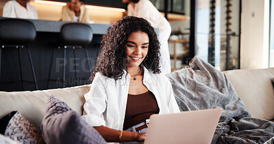 Buy stock photo Happy, woman and relax with laptop on sofa for streaming subscription, series and weekend break. Person, smile or technology in home for watching movie, online TV show or internet film in living room