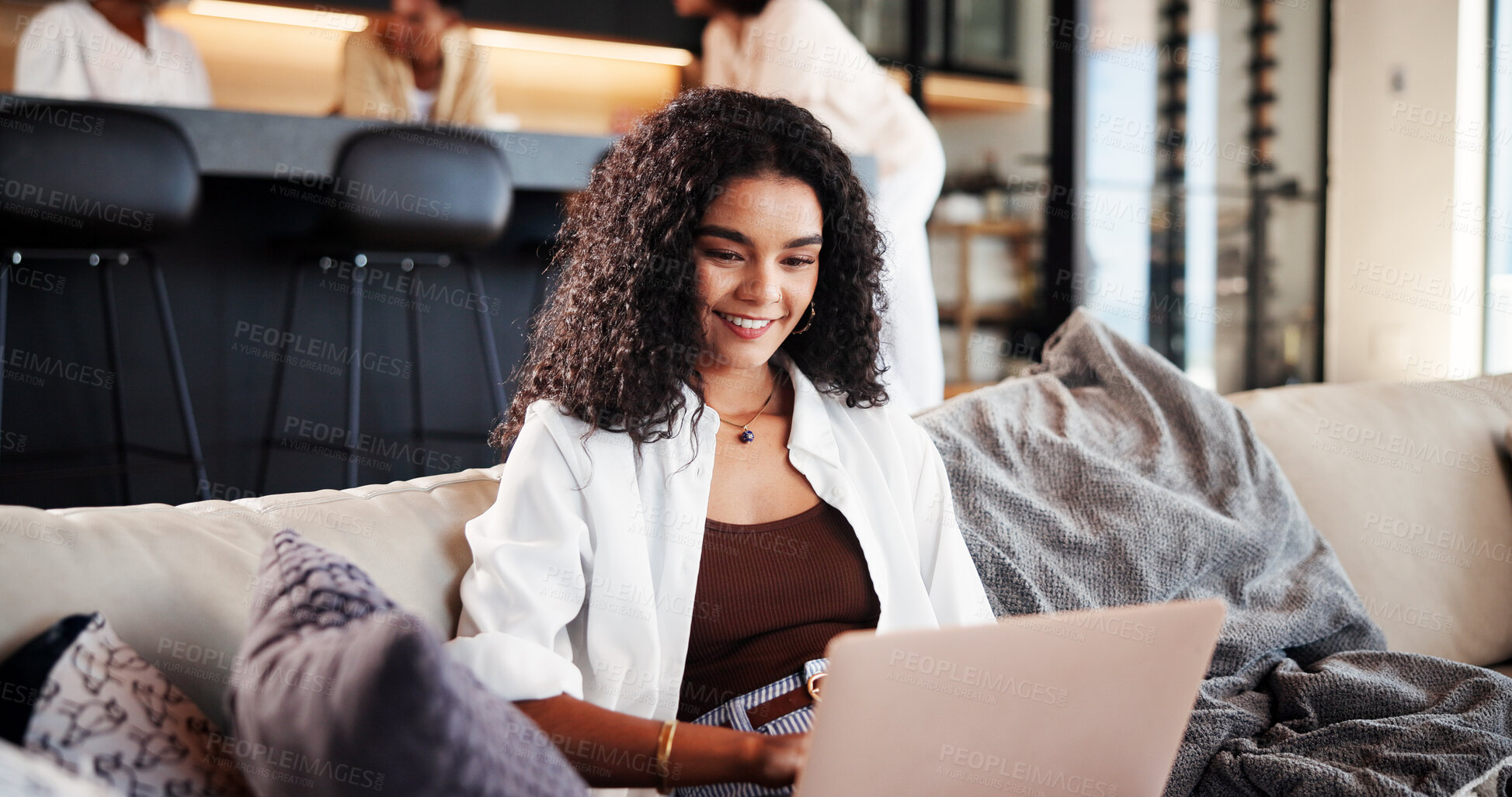 Buy stock photo Happy, woman and relax with laptop on sofa for streaming subscription, series and weekend break. Person, smile or technology in home for watching movie, online TV show or internet film in living room