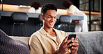 Smile, man and relax with phone at house for social media, browsing website and text message. Happy, male person and mobile for networking, download games and texting contact with notification update