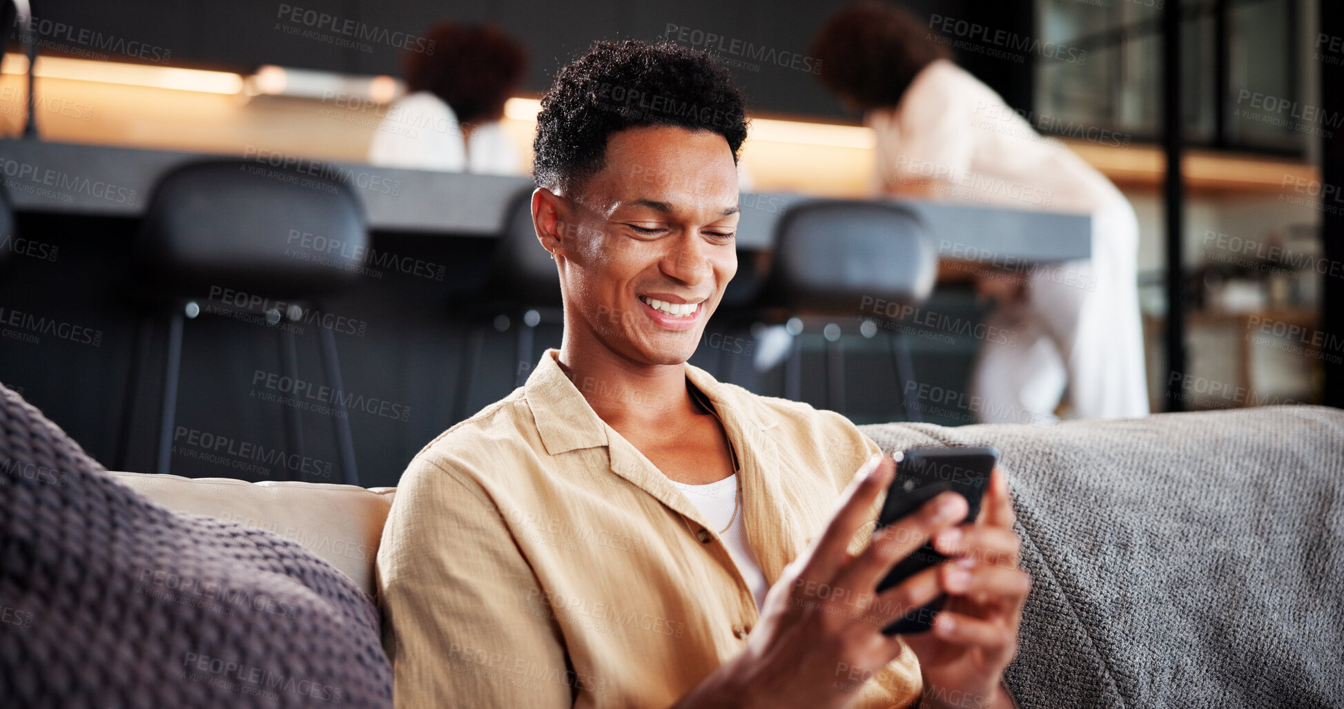 Buy stock photo Smile, man and relax with phone at house for social media, browsing website and text message. Happy, male person and mobile for networking, download games and texting contact with notification update