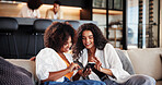 Women, friends and happy on sofa with phone in home, share meme or funny video in living room. People, smartphone and relax on couch with joke, post and mobile app for social media at apartment