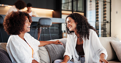 Buy stock photo Women, friends and laugh on sofa with talk in lounge for reunion, gossip or funny conversation in home. People, bonding and happy with chat, story and relax in living room with memory at apartment