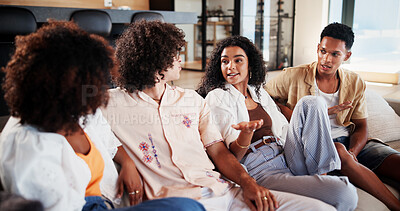 Buy stock photo Happy, friends and people on sofa for talking, chat and conversation for weekend hangout. Home, relax and group in living room for discussion, gossip and communication for bonding, reunion and visit