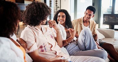 Buy stock photo Happy, friends and people on sofa for chat, conversation and talking for weekend hangout. Home, relax and men and women in living room for discussion, gossip and smile for bonding, reunion and visit