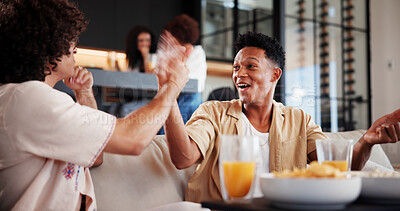 Buy stock photo Men, handshake and watching tv on sofa with celebration, smile and excited for sports game in living room. People, happy and drinks on couch with goal, subscription or shaking hands in lounge at home