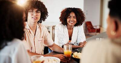 Buy stock photo Happy, lunch and couple of friends with talk in home for reunion, break and gossip with snacks. Men, women and smile with funny conversation, memory and discussion with drinks with chat at apartment