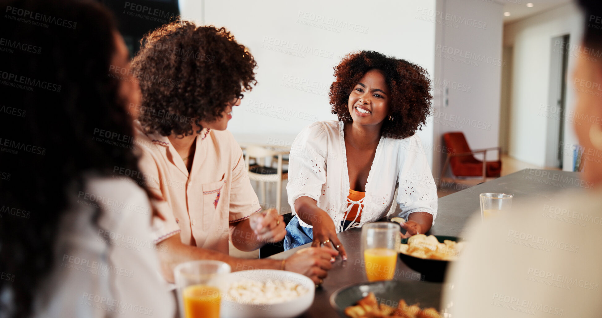 Buy stock photo Happy, lunch and couple of friends with chat in home for reunion, break and gossip with snacks. Men, women and smile with funny conversation, memory and discussion with drinks with talk at apartment