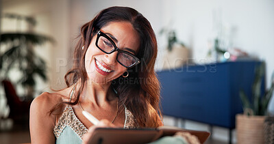 Buy stock photo Remote work from home, tablet and woman with smile, internet and email for submission. Mature person, freelancer and journalist in lounge, tech and website info to check facts and app for spelling