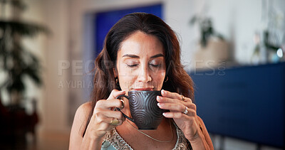 Buy stock photo Coffee, scent and woman in home with drink for calm, wellness and relax in living room. House, morning and person with beverage, caffeine and aroma for satisfaction on weekend, break and peaceful