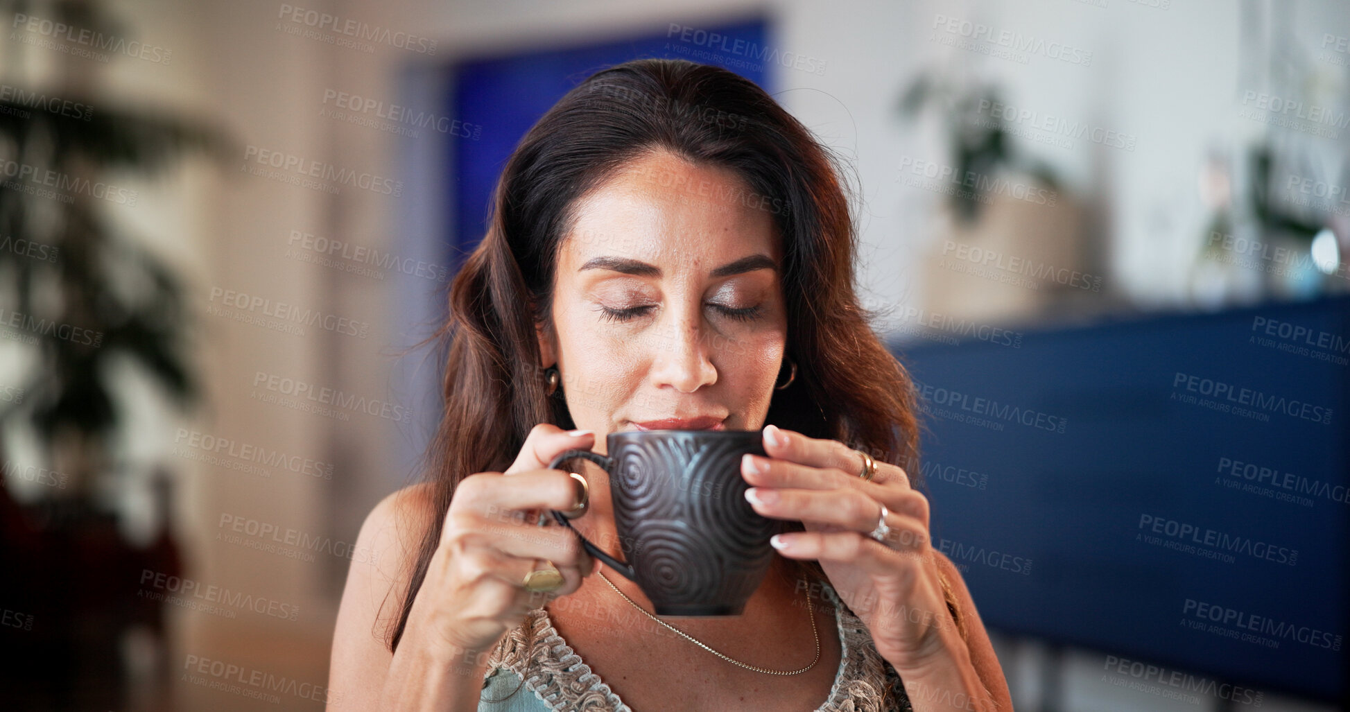 Buy stock photo Coffee, scent and woman in home with drink for calm, wellness and relax in living room. House, morning and person with beverage, caffeine and aroma for satisfaction on weekend, break and peaceful